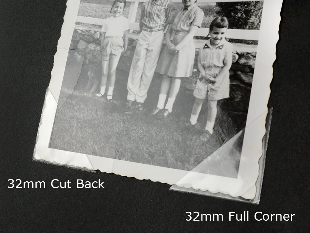 Photo demonstrating acid-free mounting corners securing photos in albums and mats for safe preservation.